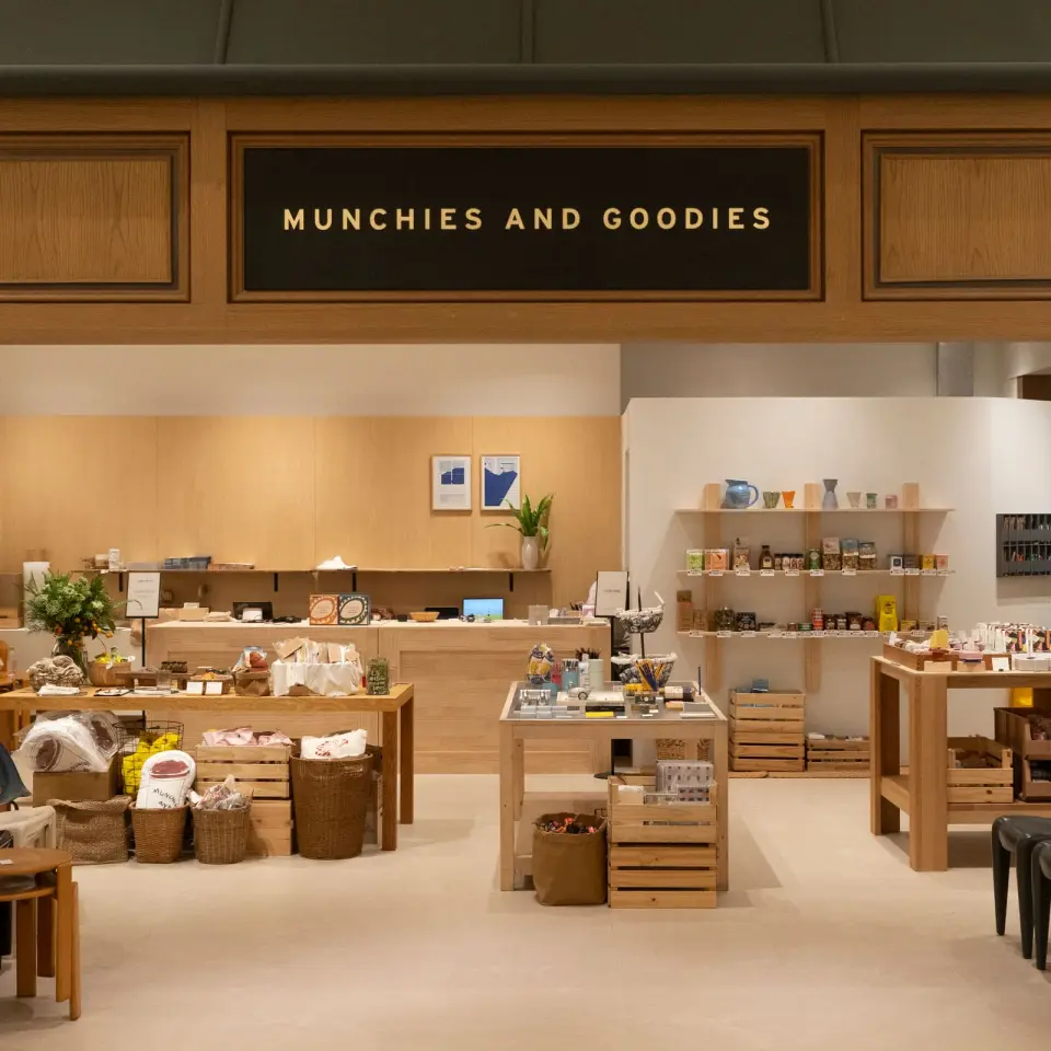 Pop-up store with food and household goods shelves